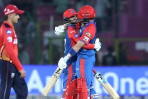 Tristan Stubbs and Sameer Rizvi of Delhi Capitals celebrate win vs Punjab Kings at the Sawai Mansingh Stadium, Jaipur. 