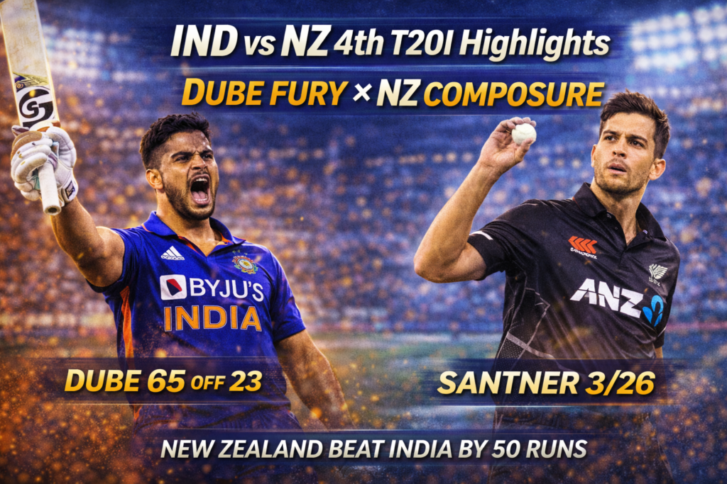 IND vs NZ 4th T20I Highlights: Dube’s 65 in Vain as New Zealand Beat India by 50 Runs