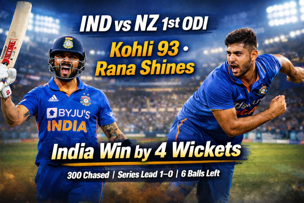 India vs New Zealand 1st ODI highlights Virat Kohli 93 Harshit Rana performance