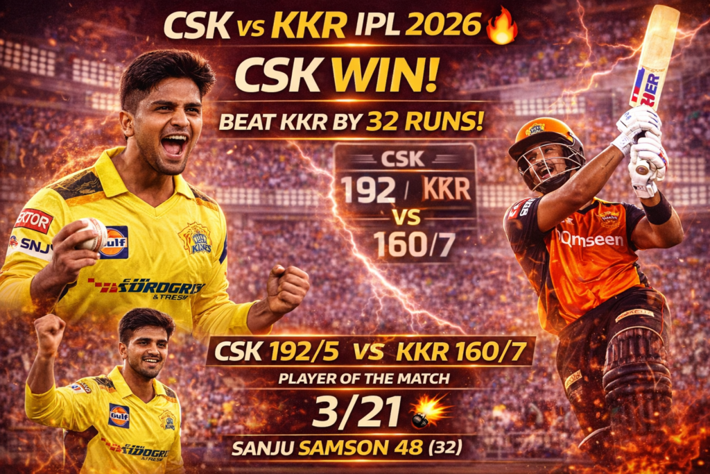CSK vs KKR IPL 2026 Match Report: Noor Ahmad 3 Wickets, CSK Beat KKR by 32 Runs