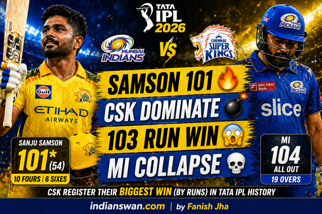 MI vs CSK IPL 2026: 👉 Samson 101 🔥 CSK Ne MI Ko 103 Run Se Kuchaal Diya 😳 | Wankhede Mein Complete Domination!*