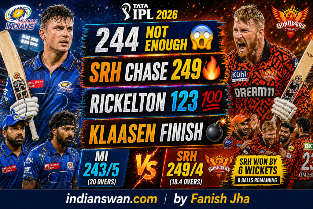 MI vs SRH IPL 2026 Match Report – SRH Chase 249 After Rickelton 123