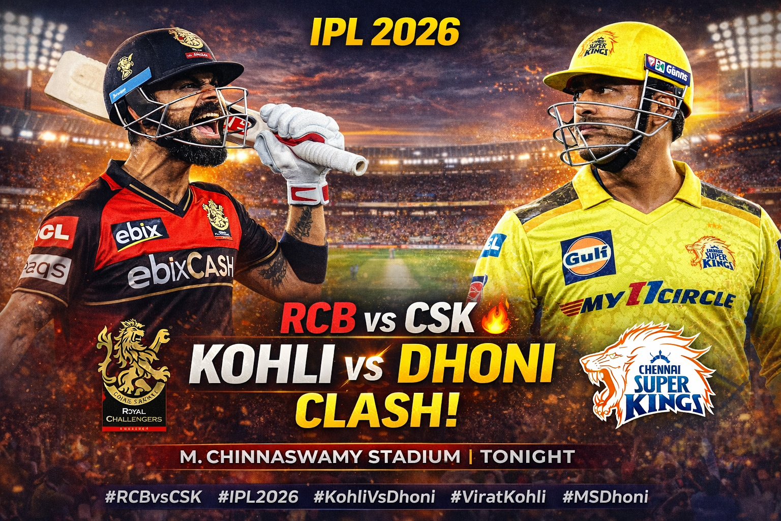 RCB vs CSK IPL 2026: Virat vs Dhoni Clash at Chinnaswamy! Live Updates