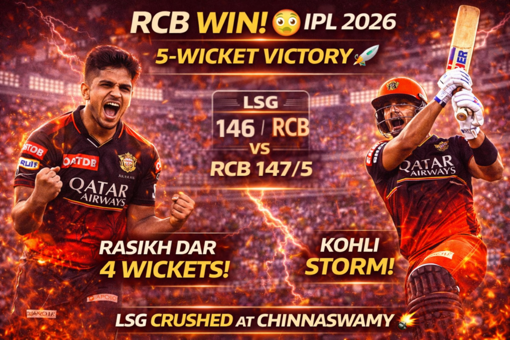 RCB vs LSG IPL 2026 Match Report: Rasikh Dar 4/24, Kohli 49, RCB Win