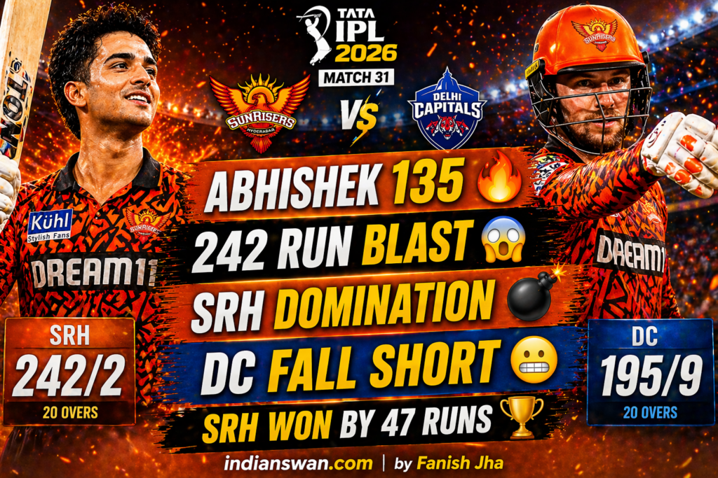 SRH vs DC IPL 2026: Abhishek Sharma 135 Ka Tufaan! SRH Ne 242 Banakar DC Ko 47 Run Se Haraya