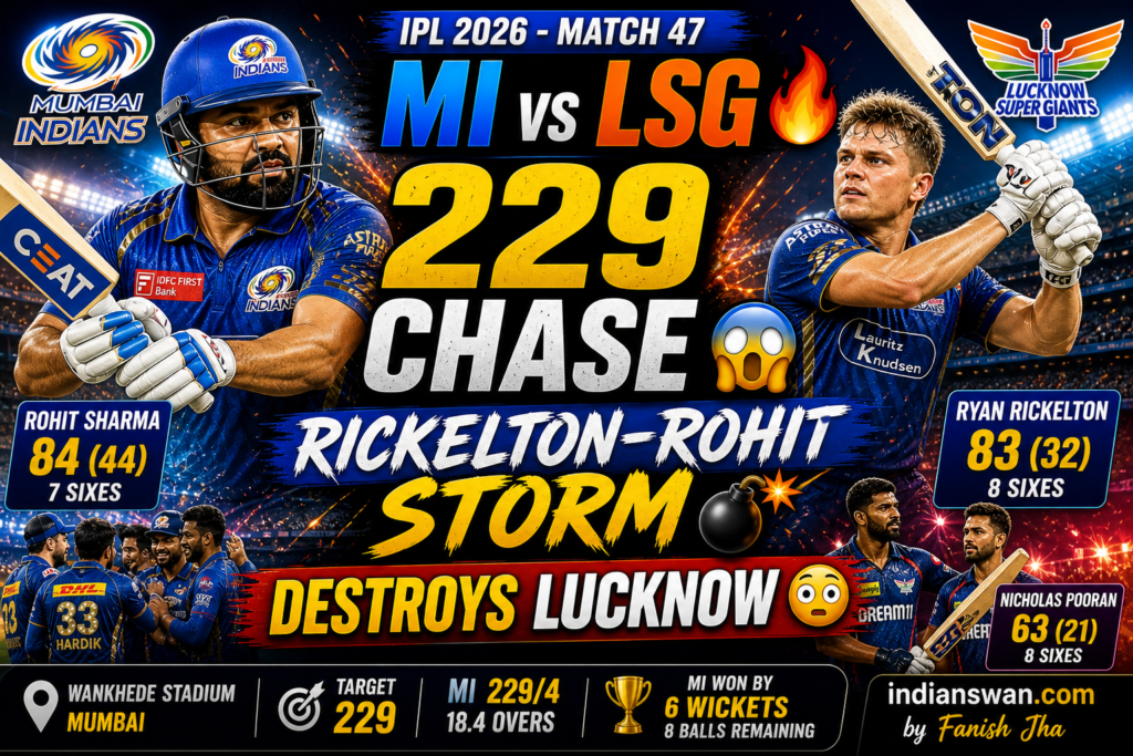 MI vs LSG IPL 2026: Rickelton 83, Rohit 84 as Mumbai Chase 229 in Style