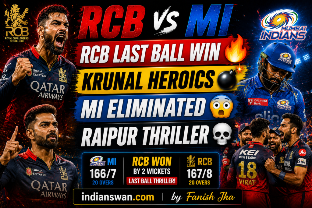 RCB vs MI IPL 2026 Match Reports: Krunal Pandya’s Heroics Seal Last-Ball Thriller as Mumbai Crash Out