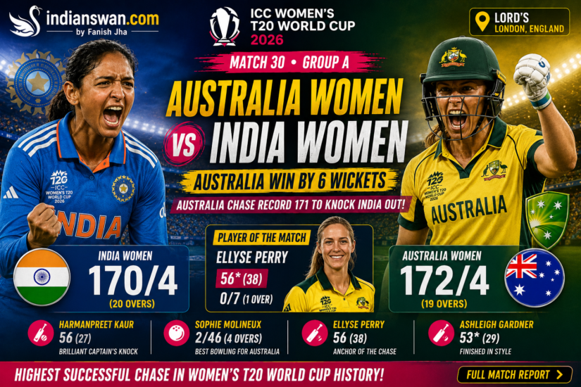 Australia Women vs India Women Match 30 Report: Ellyse Perry & Ashleigh Gardner Knock India Out of Women's T20 World Cup 2026