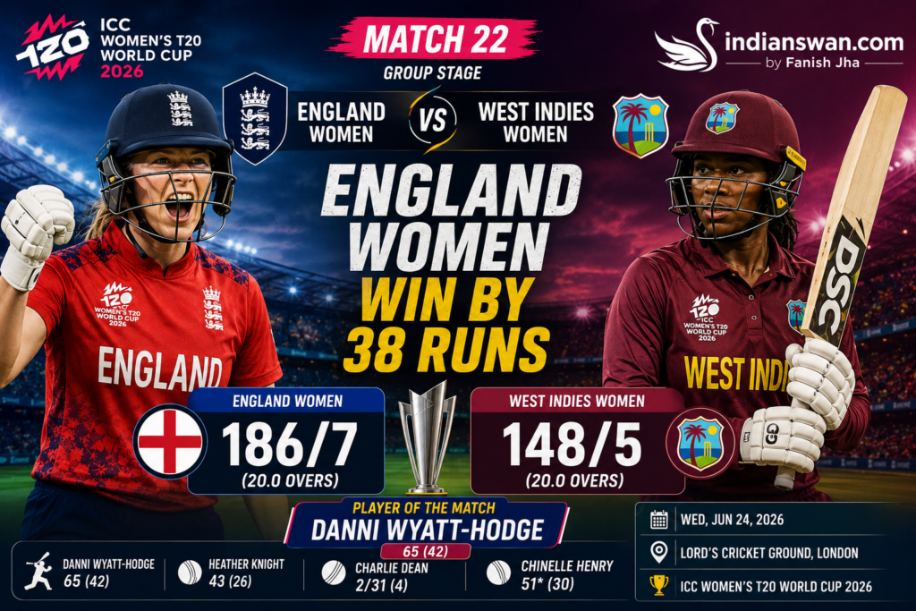 England Women vs West Indies Women Match 22 Highlights: Danni Wyatt-Hodge Shines as England Seal Semi-Final Spot with 38-Run Win