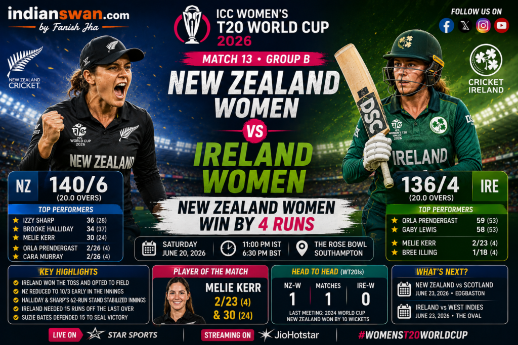 New Zealand Women vs Ireland Women Highlights 2026: NZ Win by 4 Runs | ICC Women’s T20 World Cup Match 13