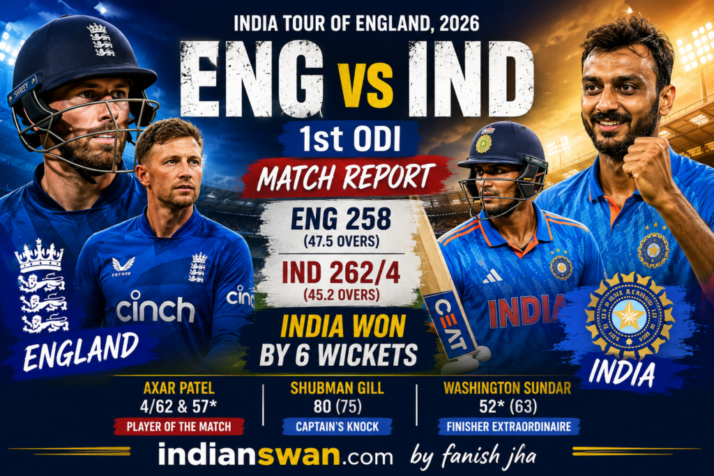 England vs India 1st ODI 2026-Axar Patel celebrates after leading India to a 6-wicket victory over England in the 1st ODI at Edgbaston during the India Tour of England 2026.