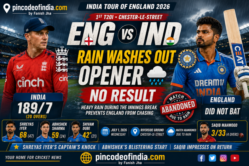 England vs India 1st T20I 2026 Match Report: Rain Washes Out Opener After Shreyas Iyer & Abhishek Sharma Star