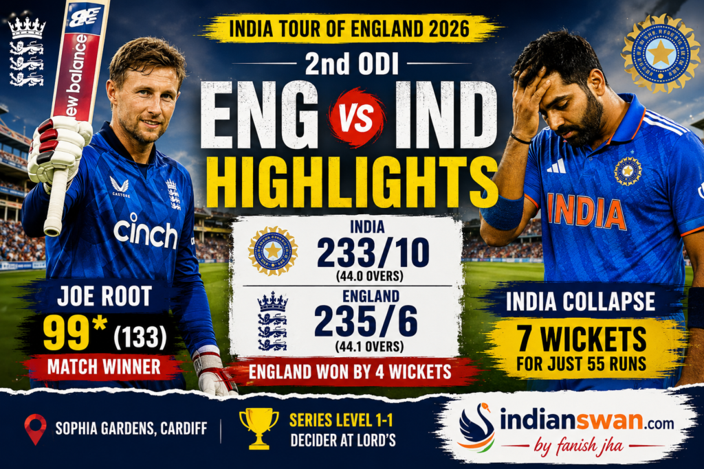 Joe Root celebrates unbeaten 99 against India during England vs India 2nd ODI 2026 at Sophia Gardens Cardiff as England level the ODI series 1-1.