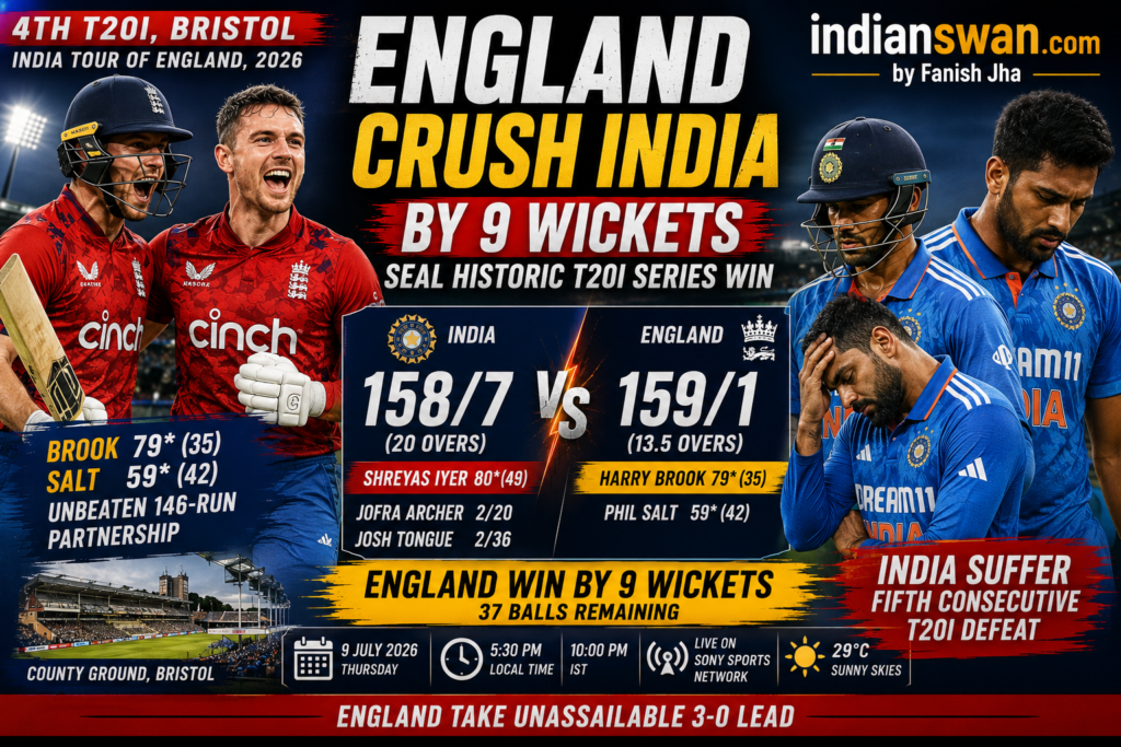 England vs India 4th T20I 2026 : England Crush India by 9 Wickets, Seal Historic T20I Series Win | ENG vs IND 4th T20I 2026