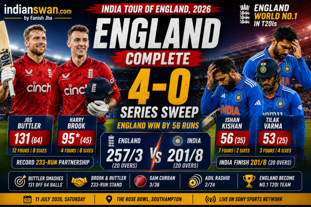 England vs India 5th T20I 2026 - Jos Buttler celebrates his brilliant century as England defeat India by 56 runs in the 5th T20I at Southampton to complete a 4-0 series victory.