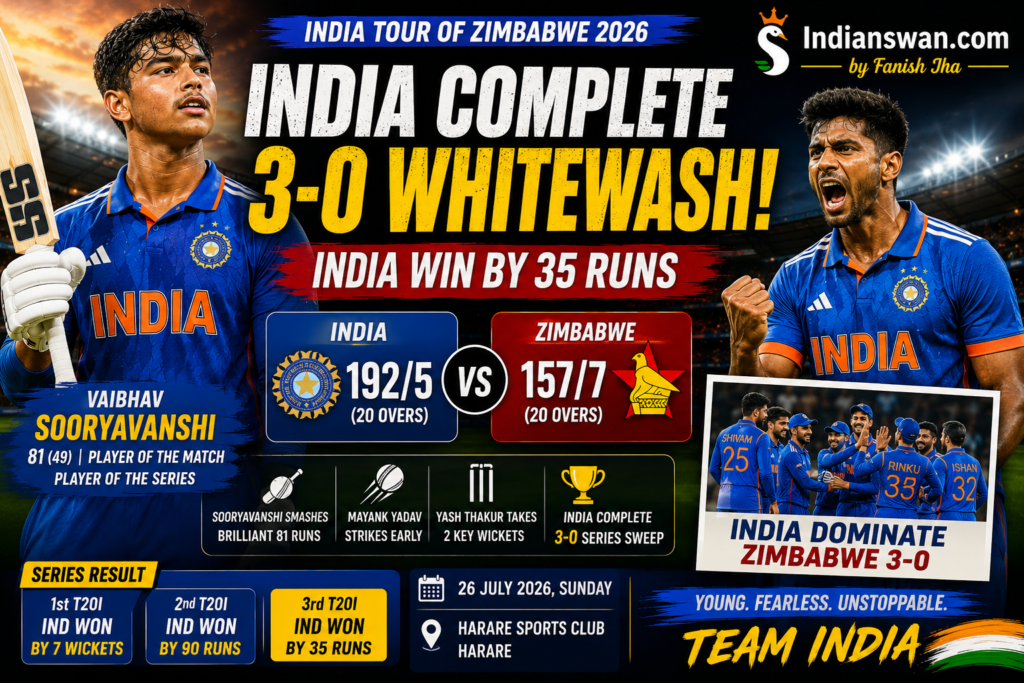 India vs Zimbabwe 3rd T20I 2026: India Complete 3-0 Whitewash Over Zimbabwe as Vaibhav Sooryavanshi Stars with 81 in 3rd T20I