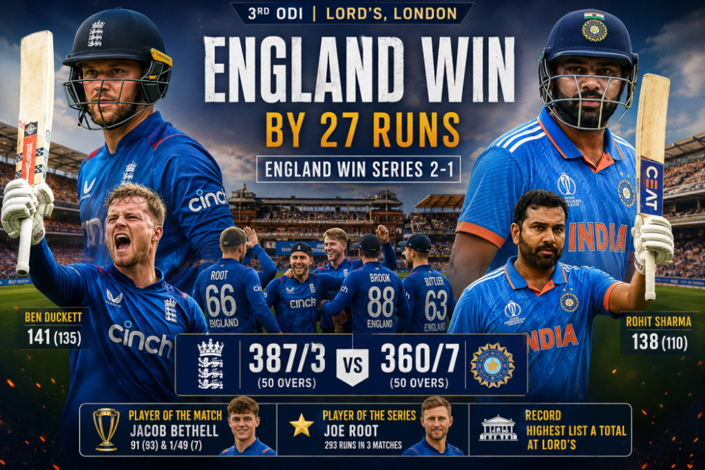 Ben Duckett celebrates his century during England vs India 3rd ODI 2026 at Lord's as England defeated India by 27 runs to win the ODI series 2-1.