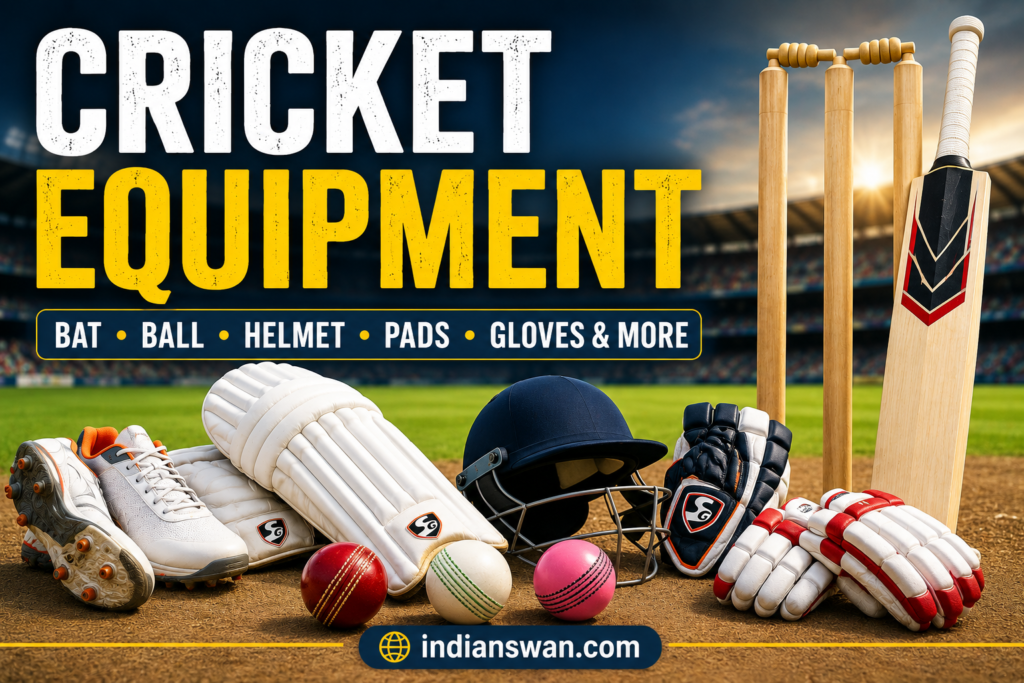 Learn about cricket equipment including bats, balls, helmets, batting pads, gloves, shoes, stumps, wicketkeeping gear and protective equipment for beginners and players.