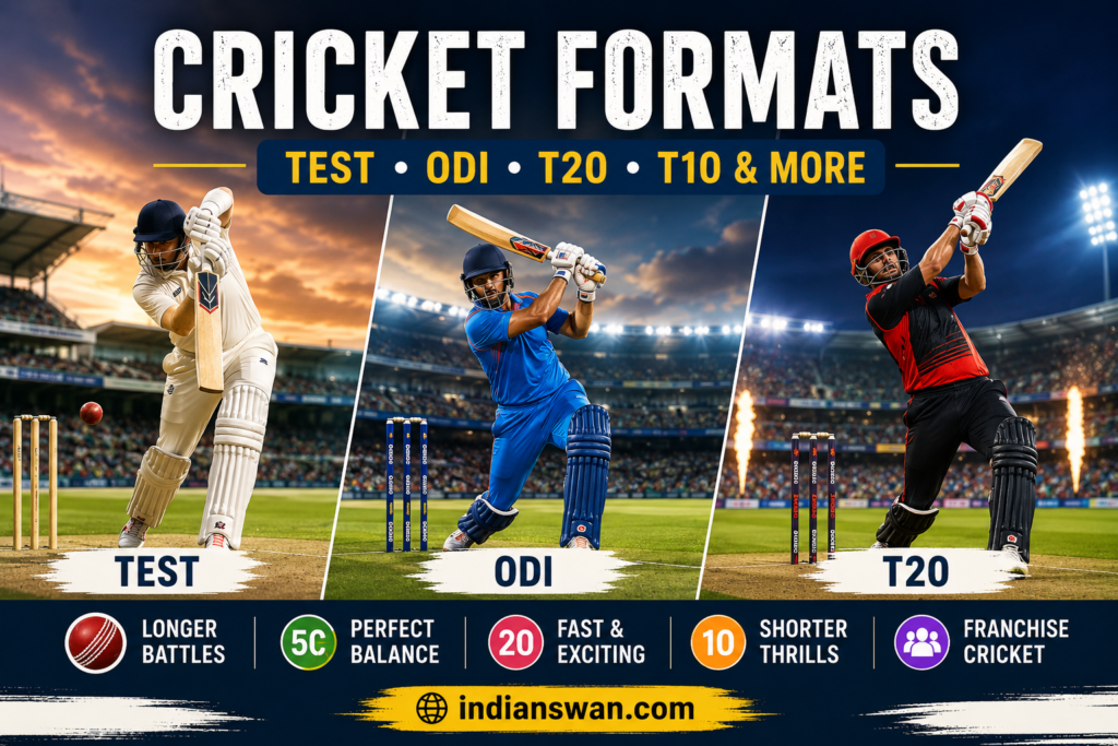 Learn about all major cricket formats including Test, ODI, T20, T10, First-Class, List A and franchise cricket, with a detailed Test vs ODI vs T20 comparison.