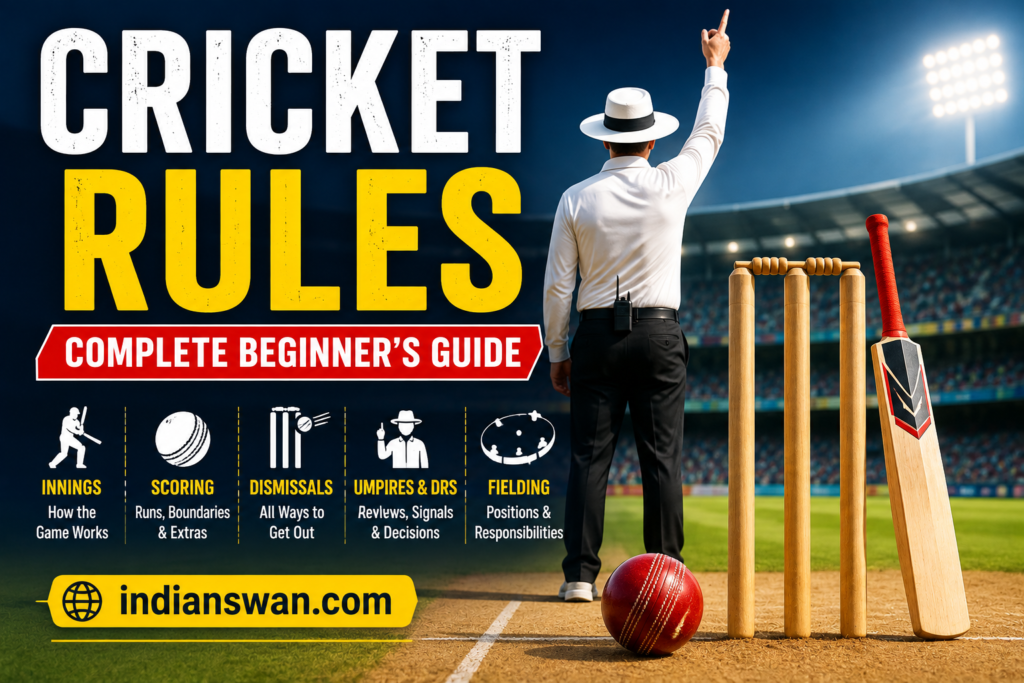 Learn cricket rules in simple language, including innings, overs, scoring, extras, dismissals, LBW, No Ball, Wide, fielding, Powerplay, DRS and match results.